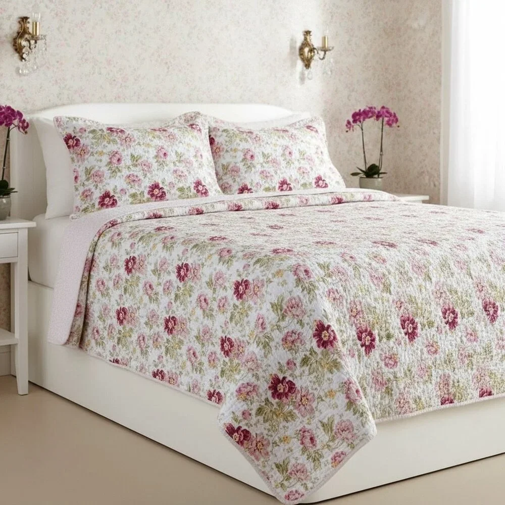 VTG Laura Ashley Reversible Floral Quilt Bedspread Coverlet Queen Cottage Boho